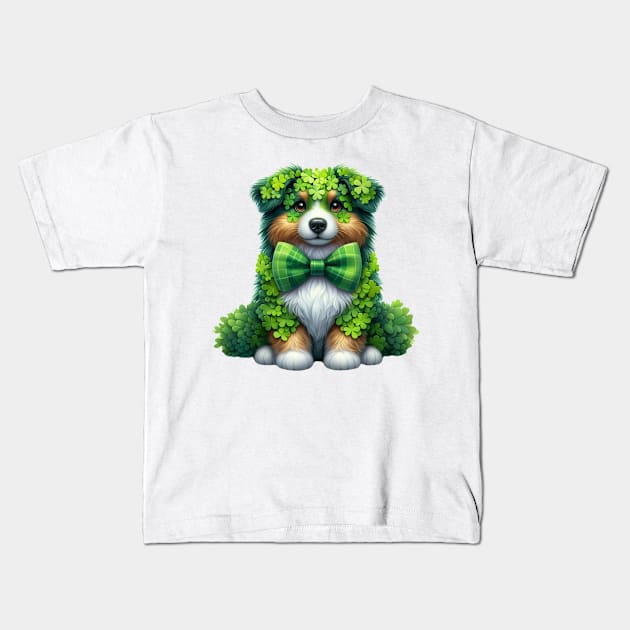 Clover Australian Shepherd Dog St Patricks Day Kids T-Shirt by Chromatic Fusion Studio